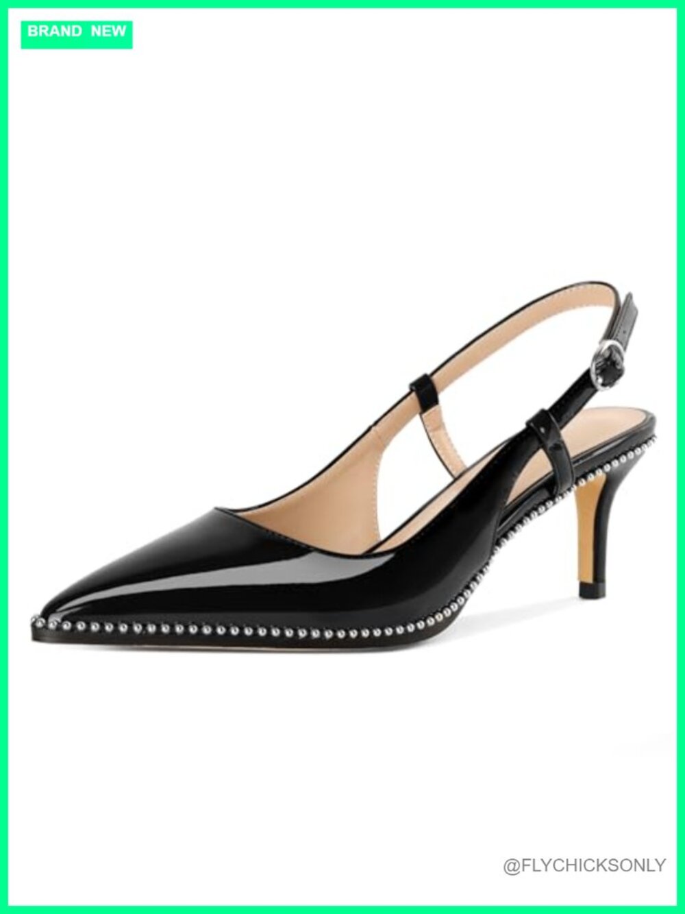 Women's Low Heel Slingback Pumps Pointed Toe Beaded Faux Leather Dress Heels